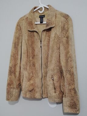 Dialogue Faux Snakeskin Leather Zip Up Jacket Tan Brown Women's Size XL